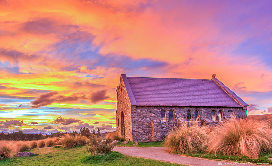 The sky on fire over the church of the good shepherd