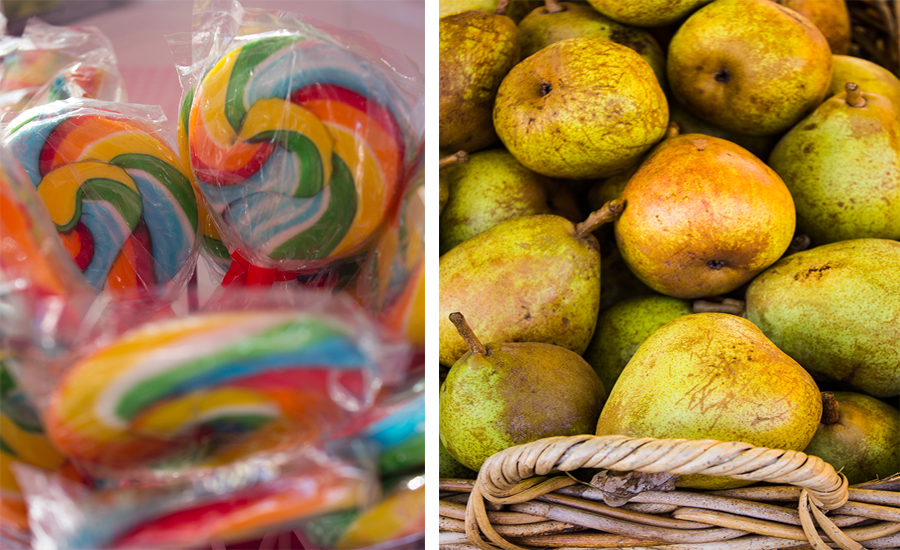 Fresh fruit and lollipops at the Salamanca Markets, Hobart