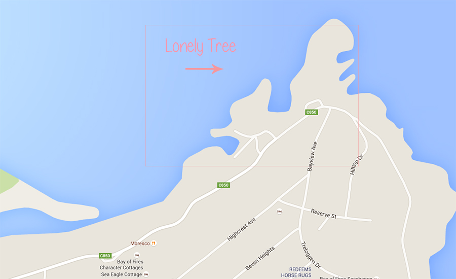 Map of Binalong Bay and the lonely tree, Tasmania
