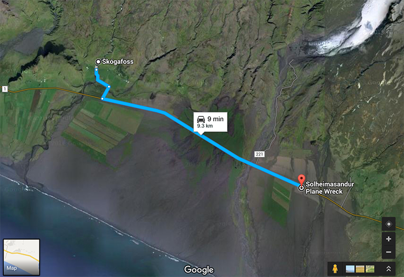 Map of directions from Skogafoss to the plane wreck.