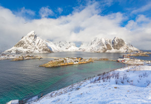 View from the mountain overlooking Sakrisoy, Lofoten, Norway