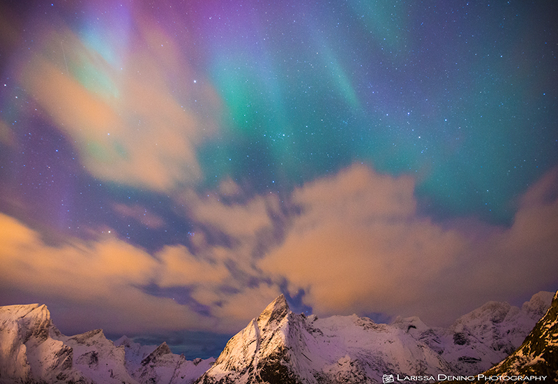 Aurora Borealis over Mount Olstind, Hamnoy, Norway