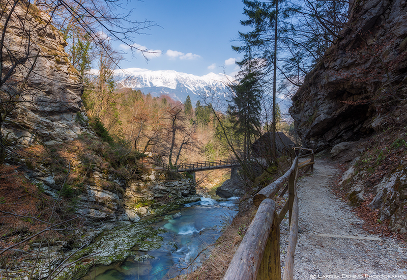Snowcapped Mountains at the end of Vintgar Gorge, Slovenia