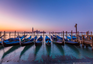 Gondolas lined up on the Grand Canal, Venice
