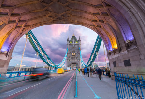 The busy Tower Bridge at sunset, London