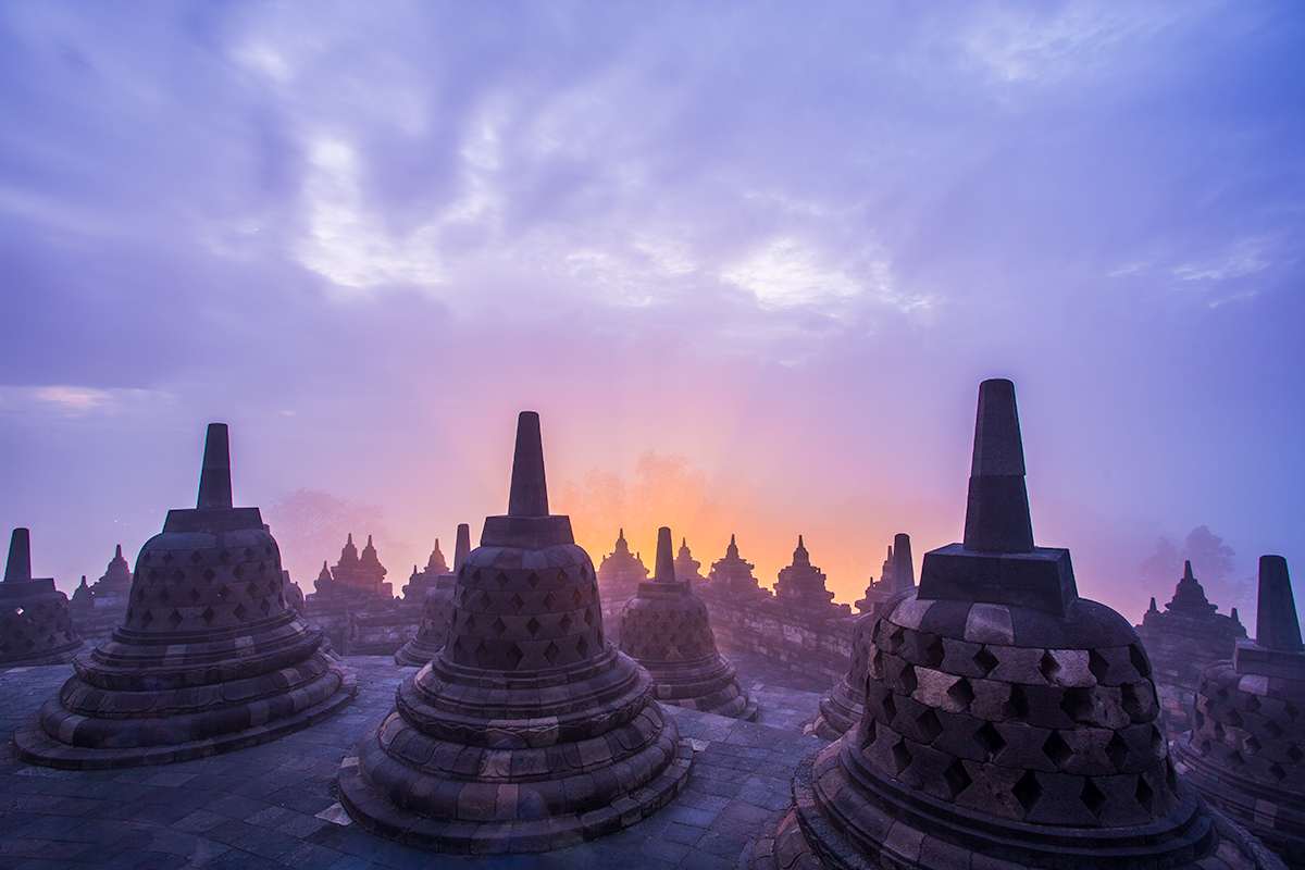 Sunrise from the impressive Borobudur Temple, Yogyakarta, Indonesia