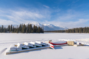 You can't use the boats but you can cross country ski and show shoe around the frozen lake, The Fairmont Jasper Park Lodge