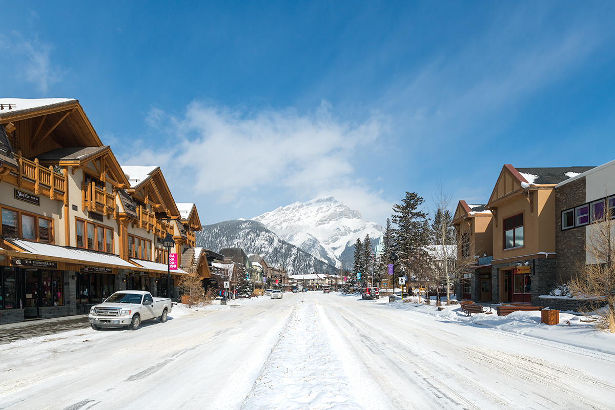 Standing in the middle of Banff with Cascade Mountain in the distance, Banff, Alberta