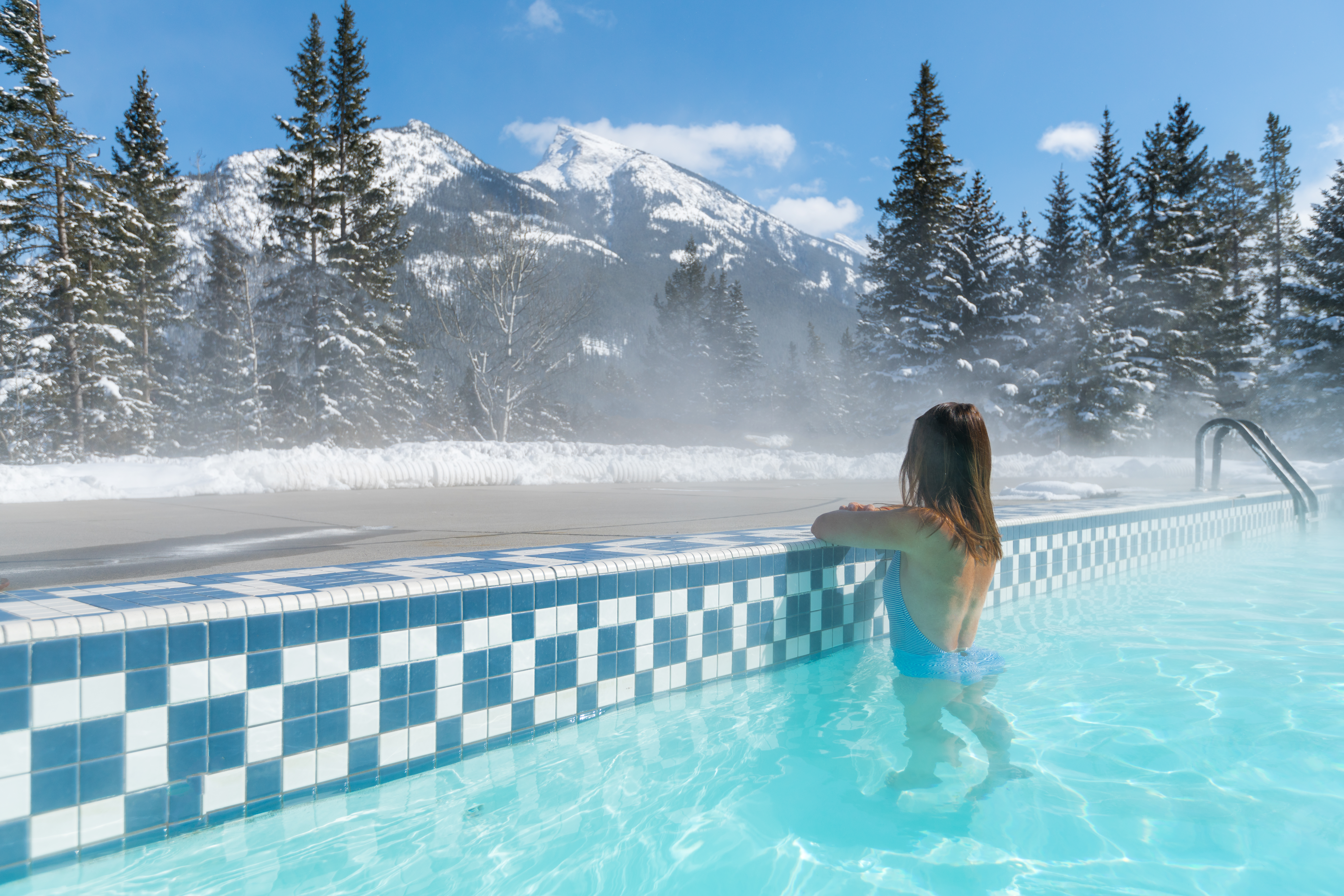 Enjoying the views in the outdoor hot tub. The Fairmont Banff Springs.