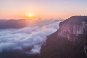 A fog filled Grose Valley from Govetts Leap, Blue Mountains.