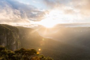 The sun rising over the valley from Govetts Leap Lookout, Blue Mountains