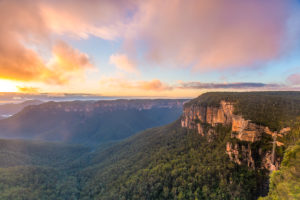 A beautiful coloured sunrise from Govetts Leap Lookout, Blue Mountains
