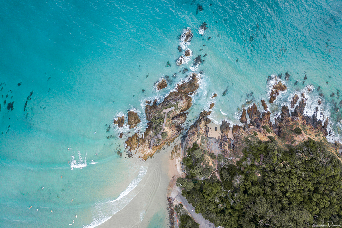 Looking down on The Pass on a crystal clear day, Byron Bay